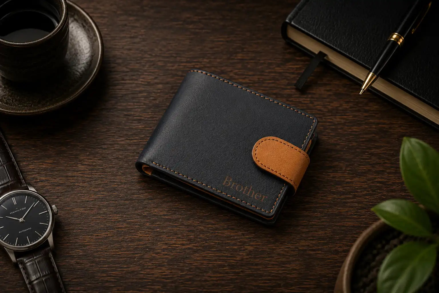 Personalised Navy & Tan Leather Wallet – Bifold with Coin Pocket & Custom Engraving