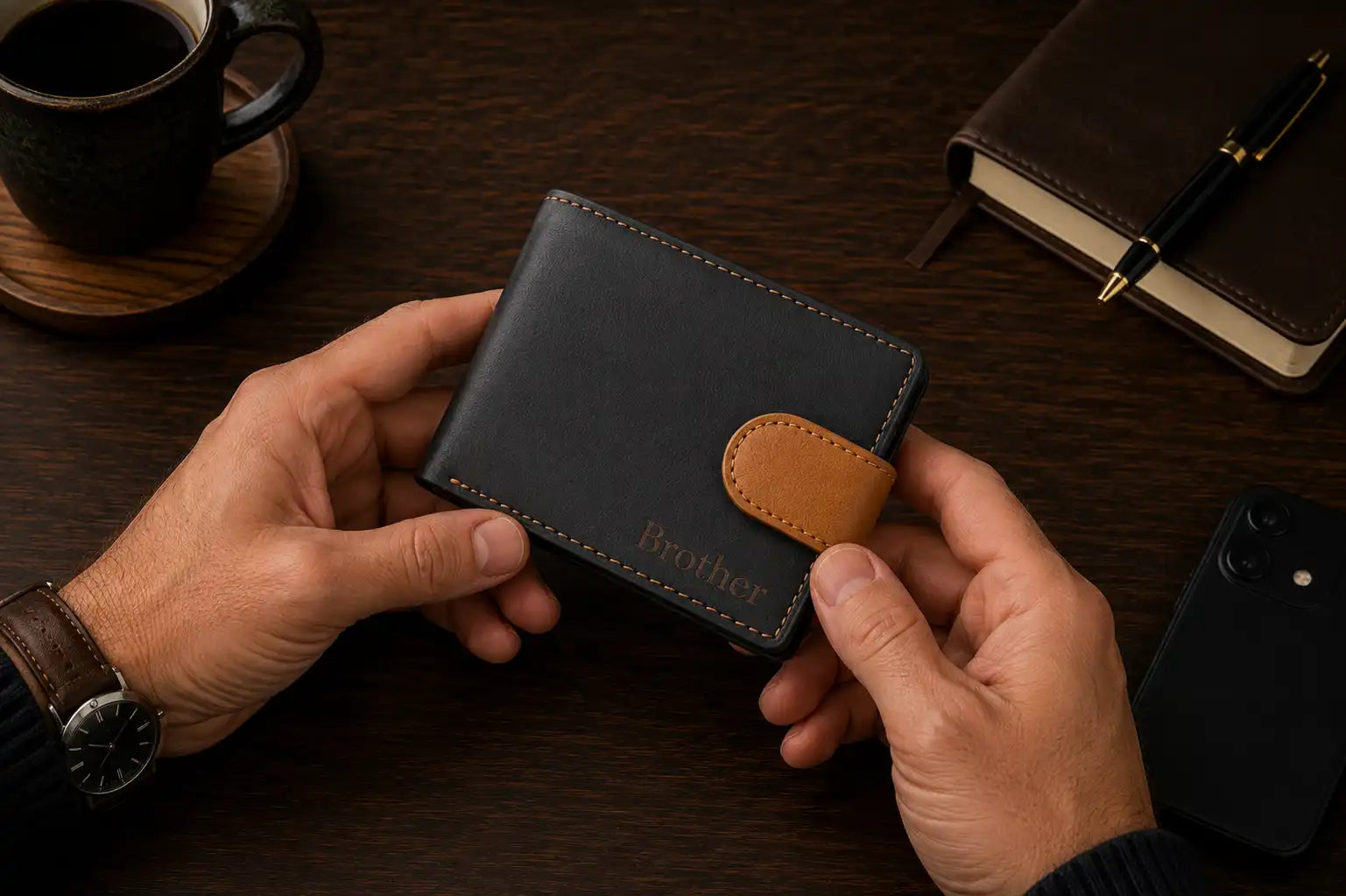 Personalised Navy & Tan Leather Wallet – Bifold with Coin Pocket & Custom Engraving