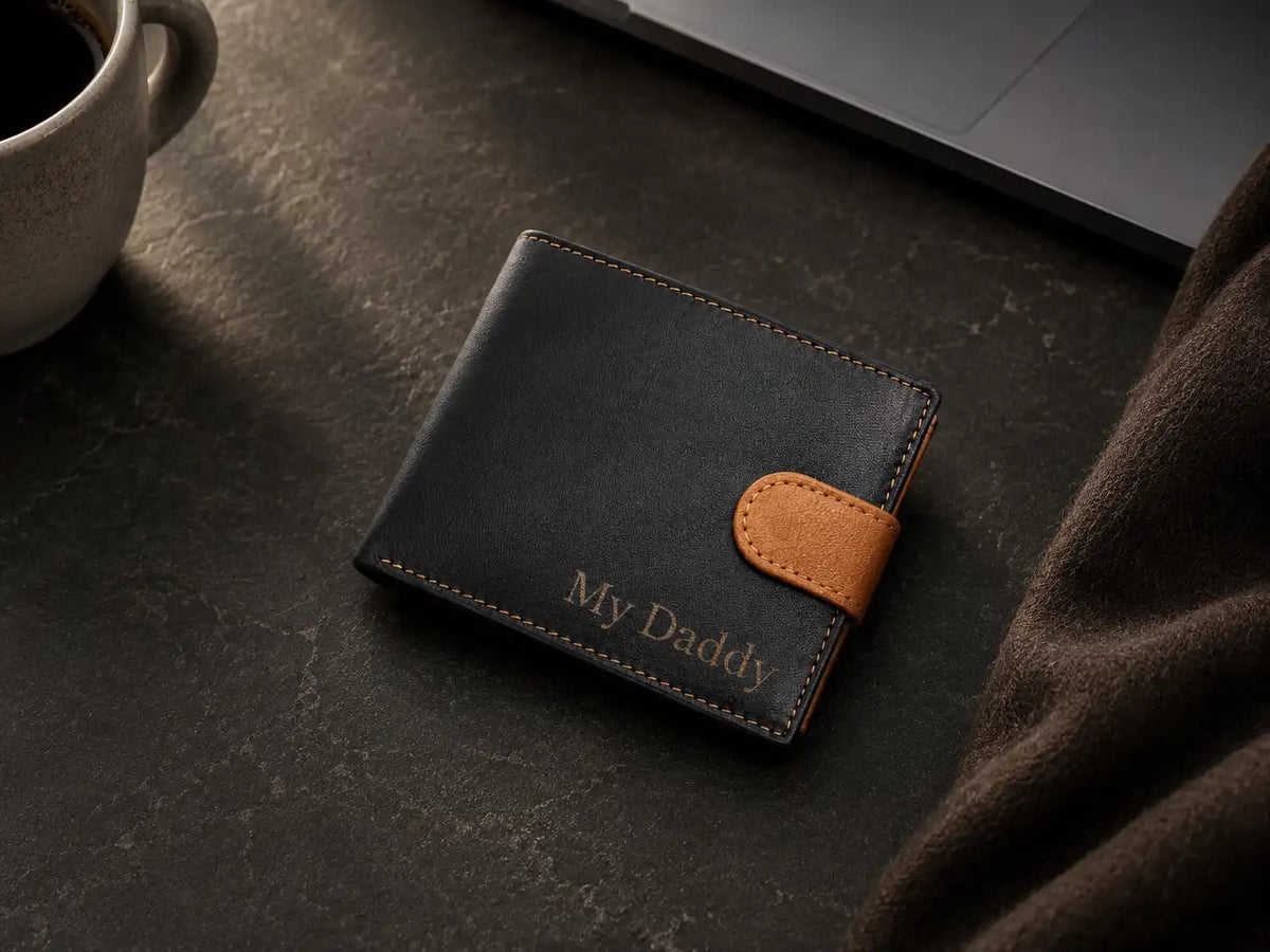 Personalised High-Capacity Black & Tan Leather Wallet – Bifold RFID Wallet for Men