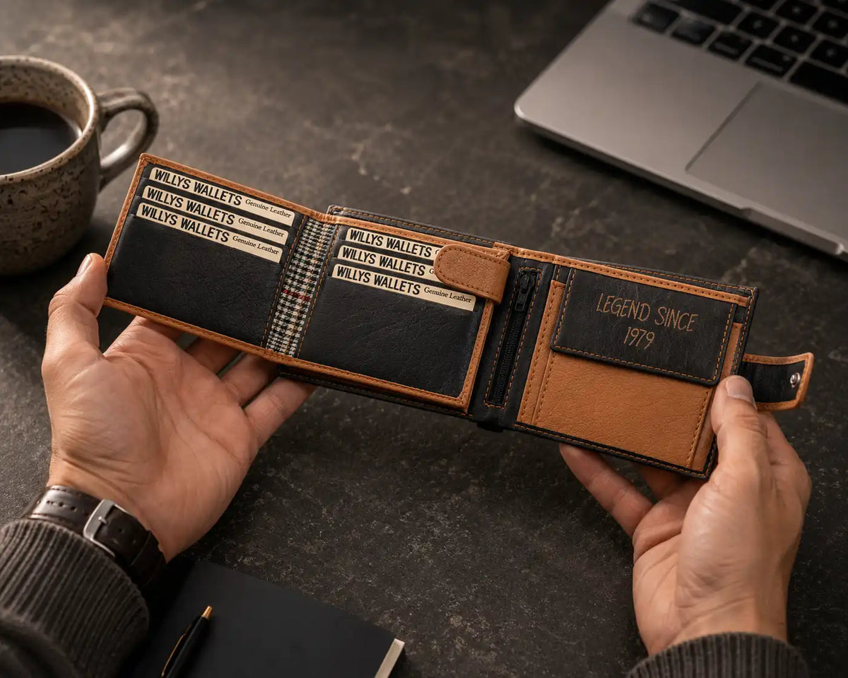 Personalised High-Capacity Black & Tan Leather Wallet – Bifold RFID Wallet for Men