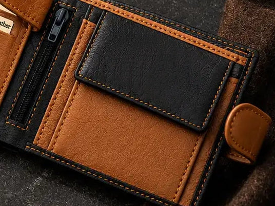 Personalised High-Capacity Navy & Tan Leather Wallet – Bifold RFID Wallet for Men