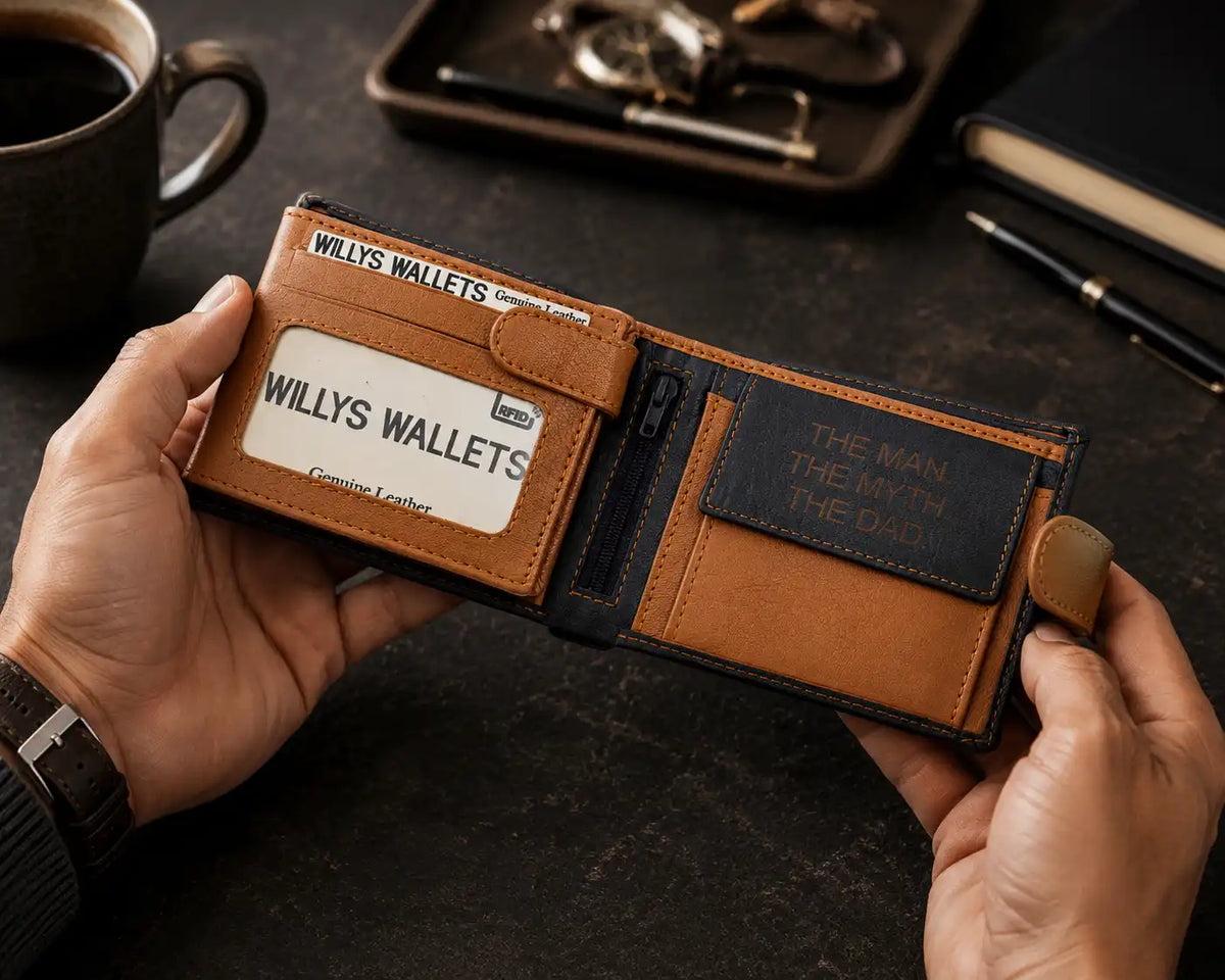 Personalised High-Capacity Navy & Tan Leather Wallet – Bifold RFID Wallet for Men