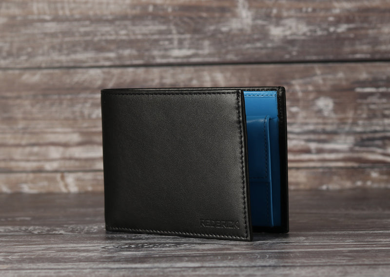 Personalised Engraved Black & Blue Bifold Leather Wallet With Coin Pocket & Card Holders