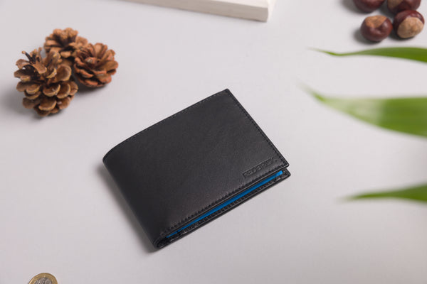 "Bifold wallet with RFID protection and bold blue interior"

