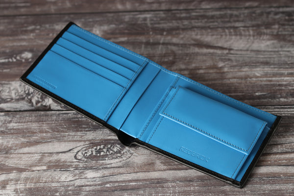 Personalised Engraved Black & Blue Bifold Leather Wallet With Coin Pocket
