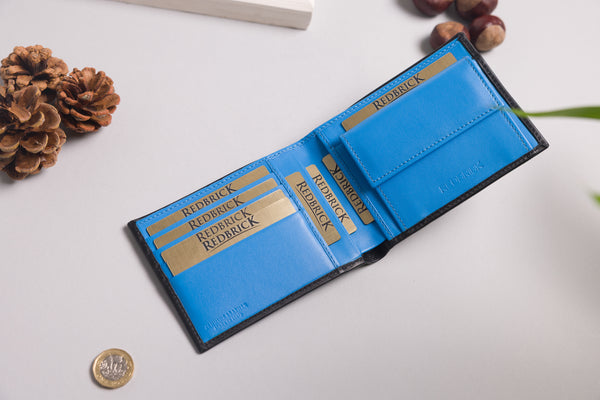 "Black and blue leather wallet with personalised engraving"

