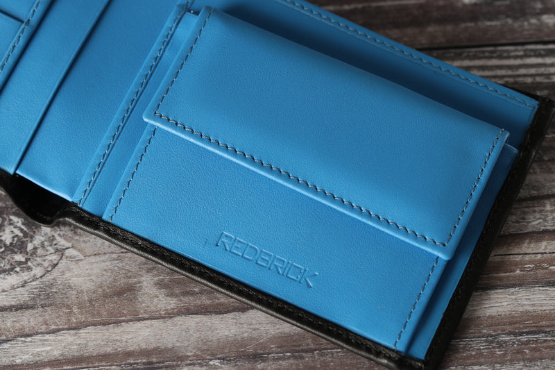 Personalised Engraved Black & Blue Bifold Leather Wallet With Coin Pocket