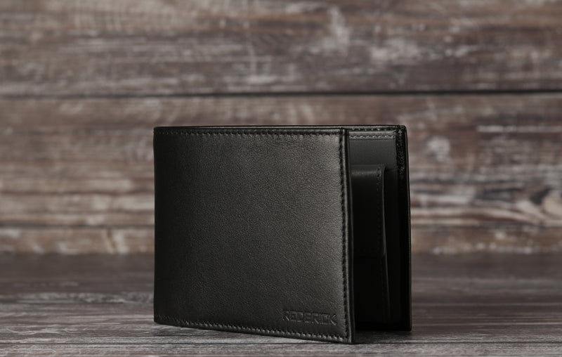 Personalised Engraved Black & Grey Bifold Leather Wallet With Coin Pocket
