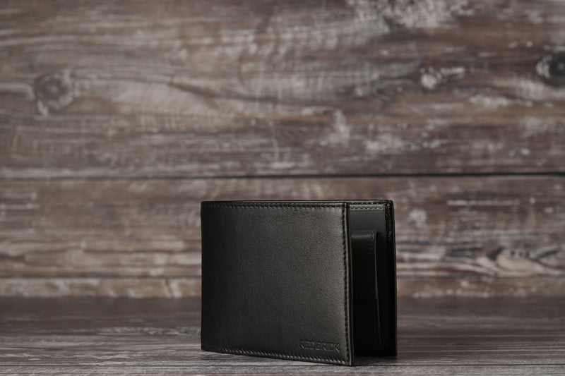 Personalised Engraved Black & Grey Bifold Leather Wallet With Coin Pocket