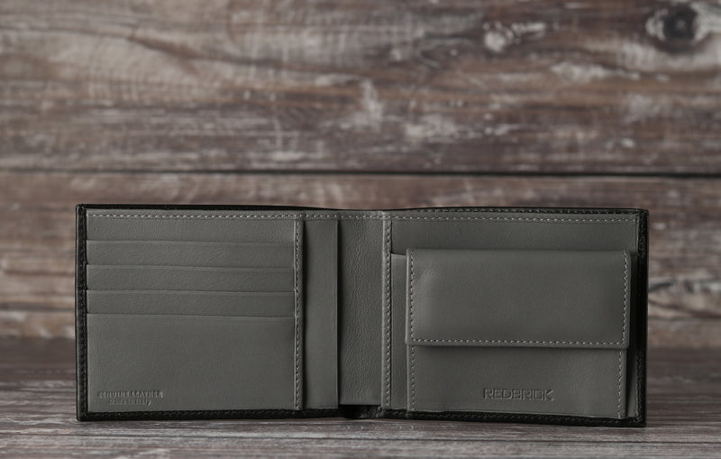 Personalised Engraved Black & Grey Bifold Leather Wallet With Coin Pocket