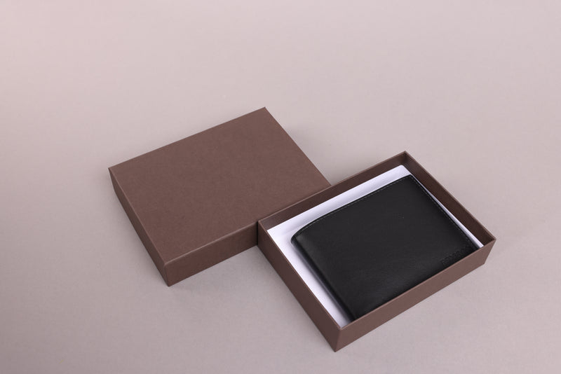 Personalised Engraved Black & Grey Bifold Leather Wallet With Coin Pocket