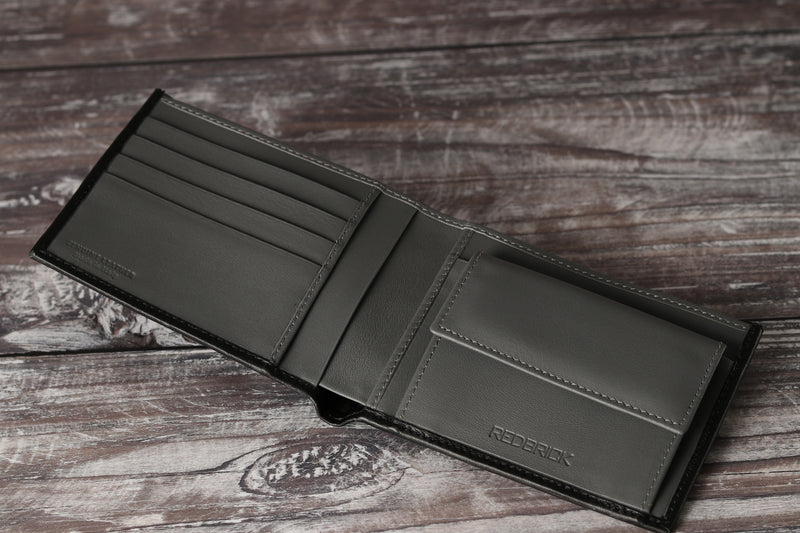 Personalised Engraved Black & Grey Bifold Leather Wallet With Coin Pocket