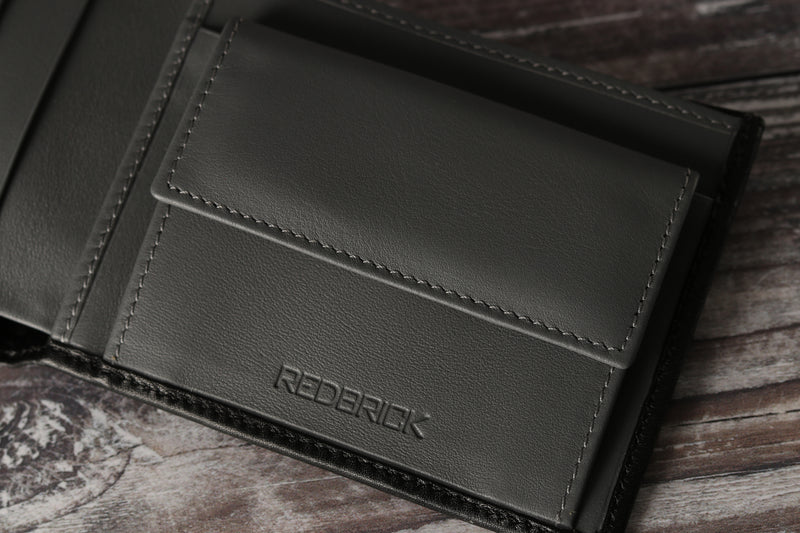 Personalised Engraved Black & Grey Bifold Leather Wallet With Coin Pocket