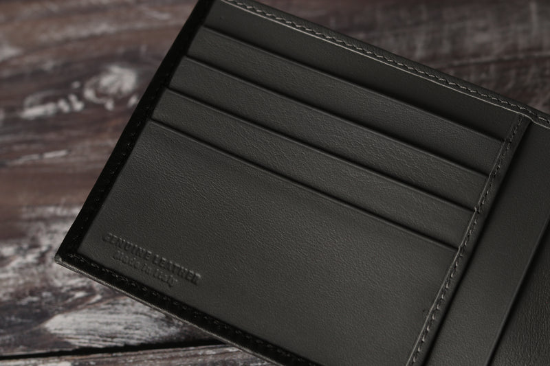 Personalised Engraved Black & Grey Bifold Leather Wallet With Coin Pocket
