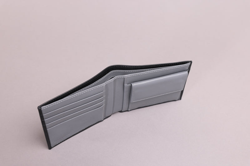 Personalised Engraved Black & Grey Bifold Leather Wallet With Coin Pocket