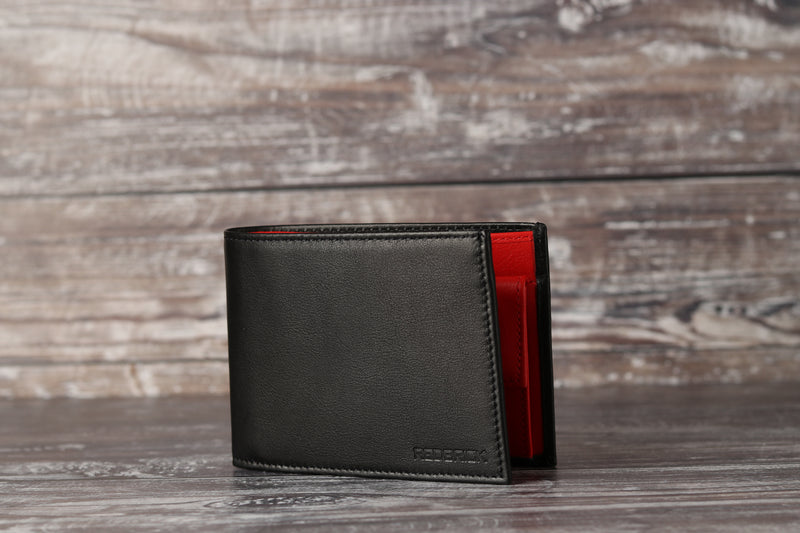 Personalised Engraved Black & Red Bifold Leather Wallet With Coin Pocket