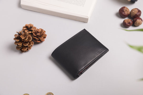 Personalised Engraved Black & Red Bifold Leather Wallet With Coin Pocket
