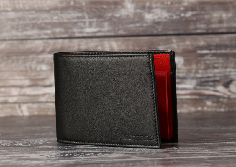 Personalised Engraved Black & Red Bifold Leather Wallet With Coin Pocket