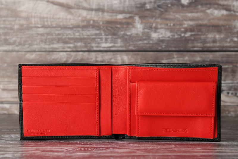 Personalised Engraved Black & Red Bifold Leather Wallet With Coin Pocket