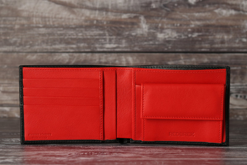 Personalised Engraved Black & Red Bifold Leather Wallet With Coin Pocket