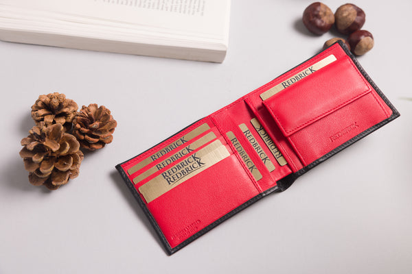 Personalised Engraved Black & Red Bifold Leather Wallet With Coin Pocket