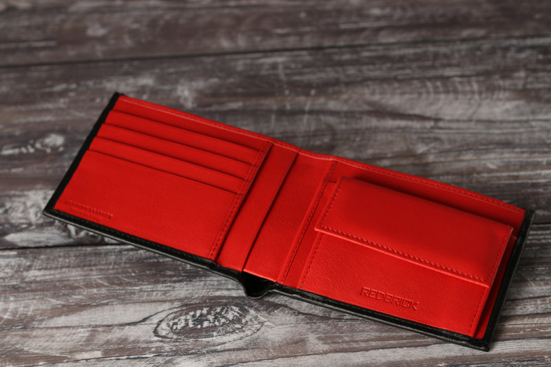 Personalised Engraved Black & Red Bifold Leather Wallet With Coin Pocket