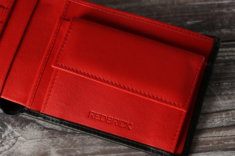 Personalised Engraved Black & Red Bifold Leather Wallet With Coin Pocket