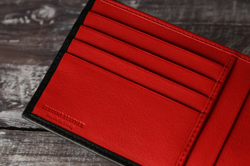 Personalised Engraved Black & Red Bifold Leather Wallet With Coin Pocket