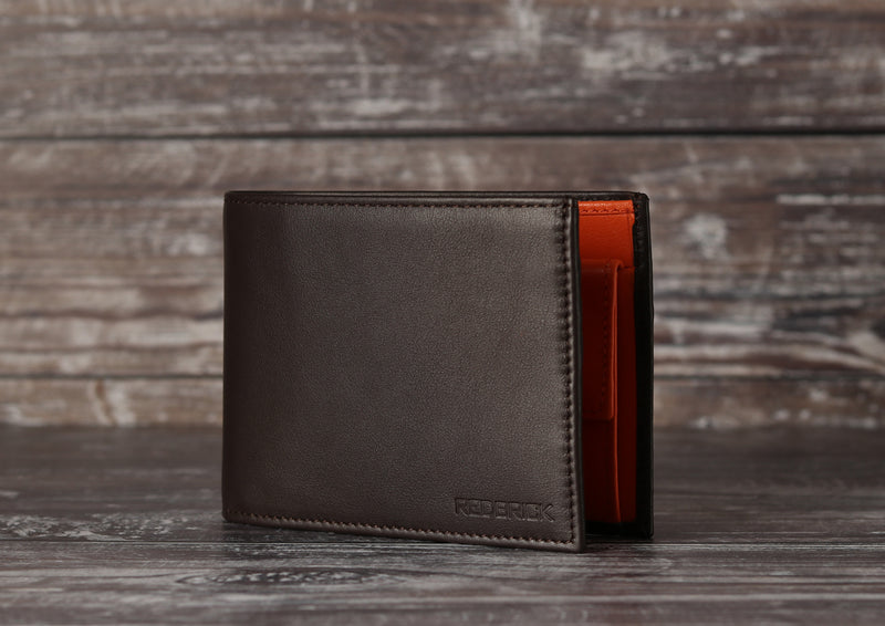 Personalised Engraved Brown & Orange Bifold Leather Wallet With Coin Pocket