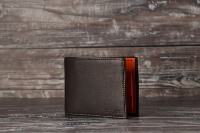 Personalised Engraved Brown & Orange Bifold Leather Wallet With Coin Pocket