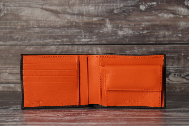 Personalised Engraved Brown & Orange Bifold Leather Wallet With Coin Pocket