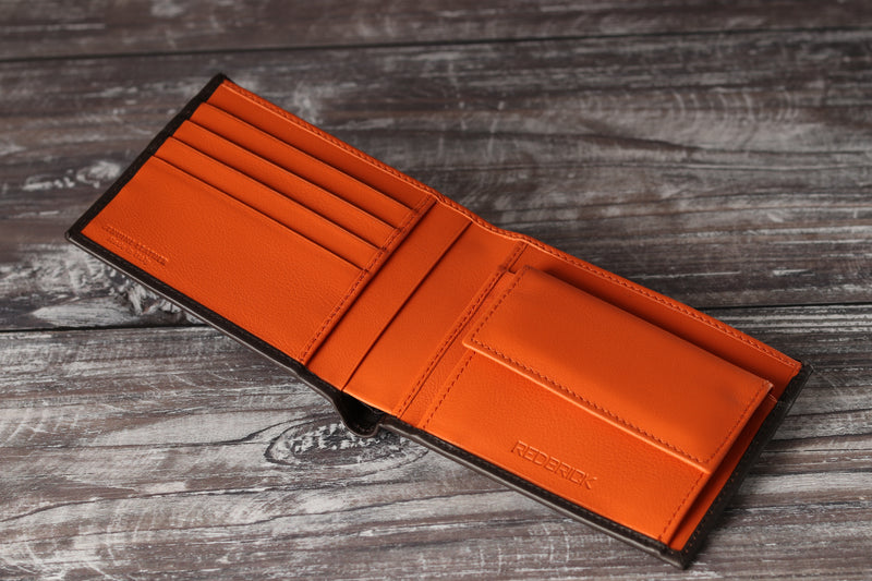 Personalised Engraved Brown & Orange Bifold Leather Wallet With Coin Pocket