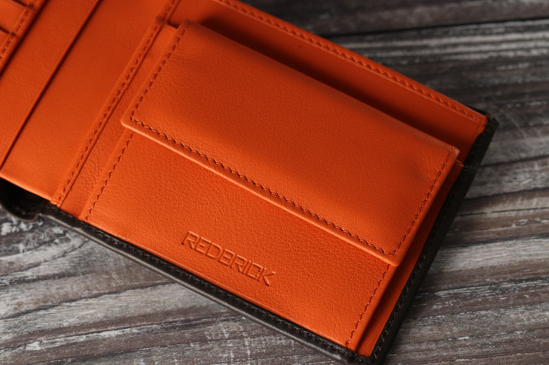 Personalised Engraved Brown & Orange Bifold Leather Wallet With Coin Pocket