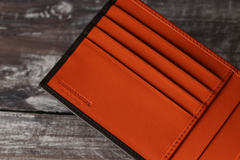 Personalised Engraved Brown & Orange Bifold Leather Wallet With Coin Pocket