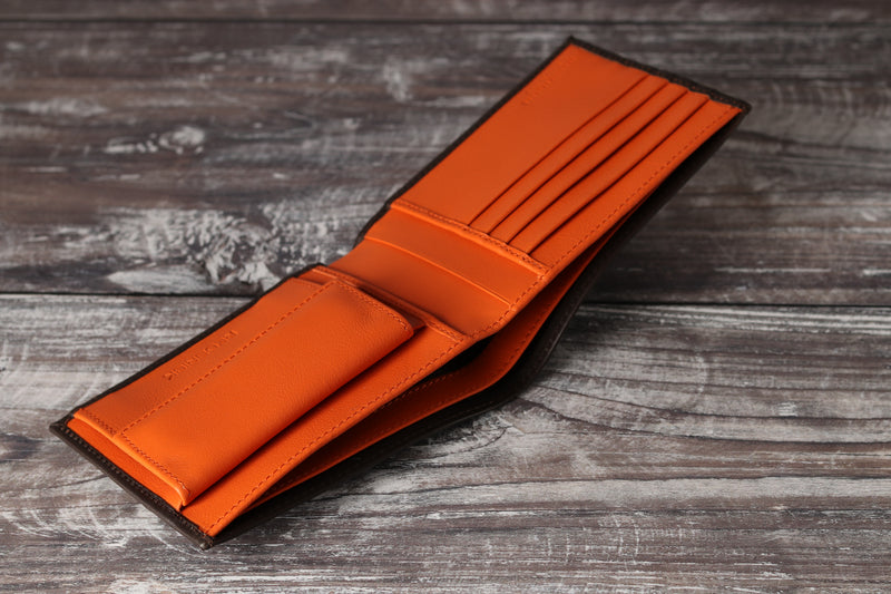 Personalised Engraved Brown & Orange Bifold Leather Wallet With Coin Pocket