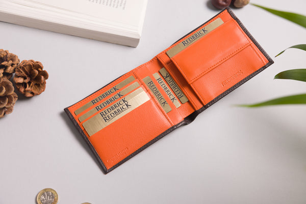 Personalised Engraved Brown & Orange Bifold Leather Wallet With Coin Pocket
