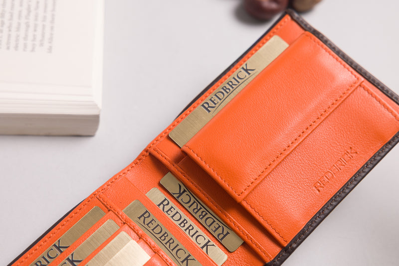 Personalised Engraved Brown & Orange Bifold Leather Wallet With Coin Pocket