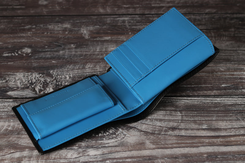 Personalised Engraved Black & Blue Bifold Leather Wallet With Coin Pocket & Card Holders