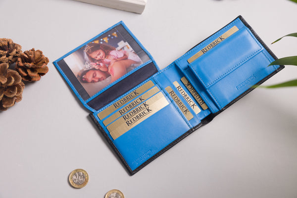 Personalised Engraved Black & Blue Bifold Leather Wallet With Coin Pocket & Card Holders