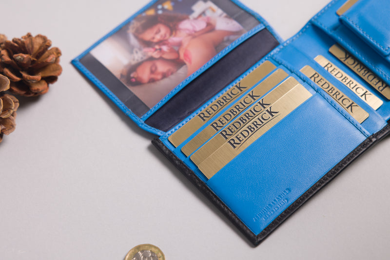Personalised Black & Blue Leather Wallet – Bifold with Coin Pocket & Extra Card Slots