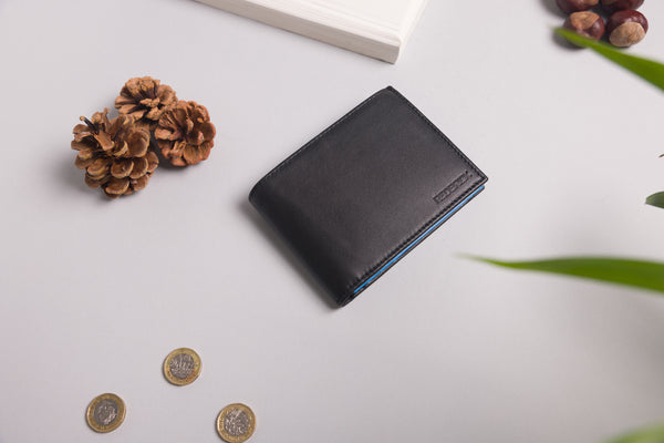 Personalised Engraved Black & Blue Bifold Leather Wallet With Coin Pocket & Card Holders