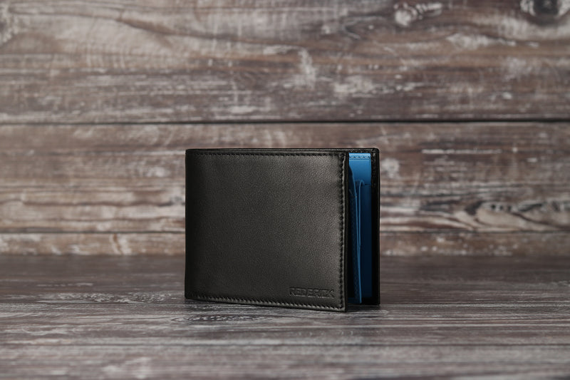 Personalised Engraved Black & Blue Bifold Leather Wallet With Coin Pocket & Card Holders