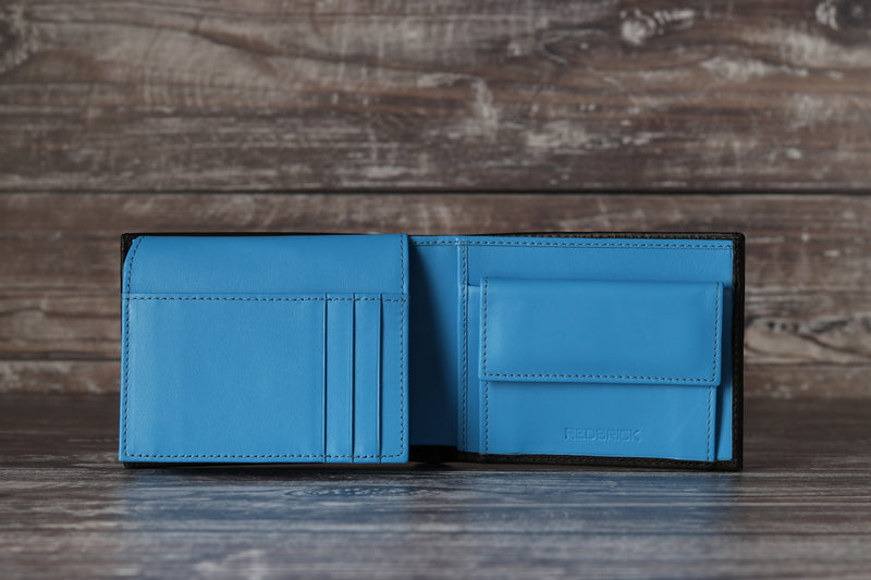 Personalised Engraved Black & Blue Bifold Leather Wallet With Coin Pocket & Card Holders