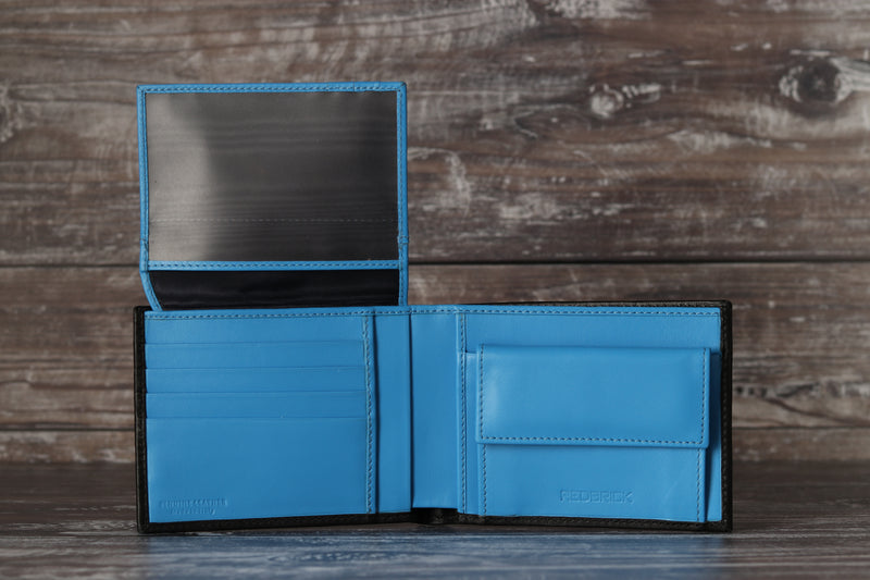 Personalised Engraved Black & Blue Bifold Leather Wallet With Coin Pocket & Card Holders