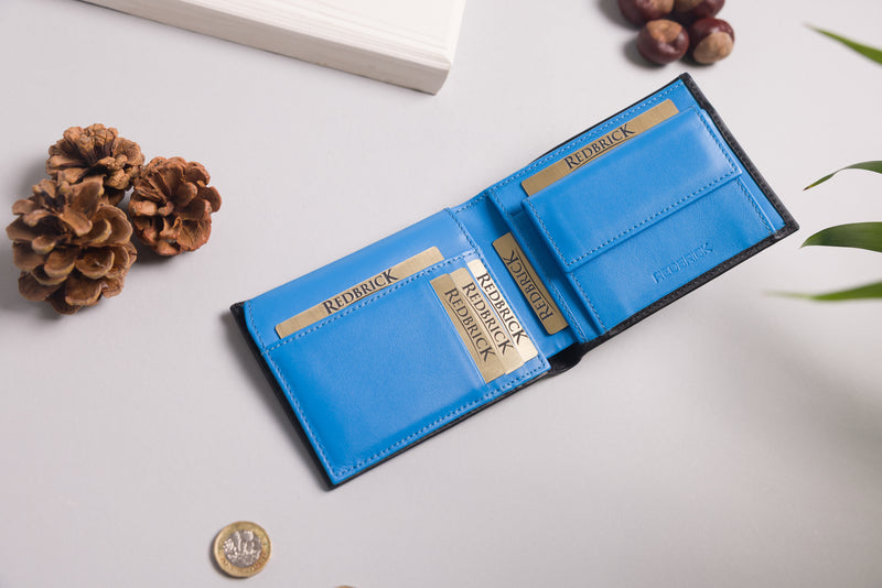 "Bifold wallet with coin pocket and multiple card slots"