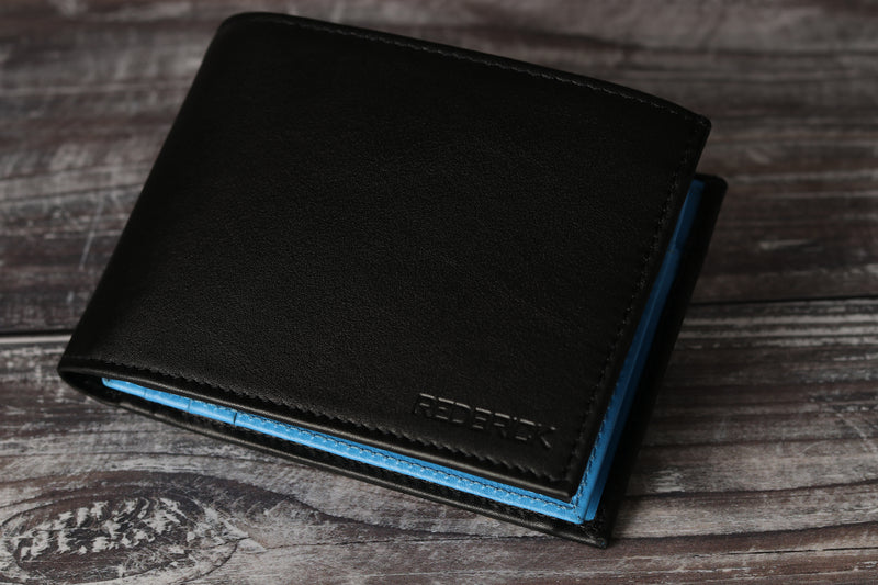 Personalised Engraved Black & Blue Bifold Leather Wallet With Coin Pocket & Card Holders