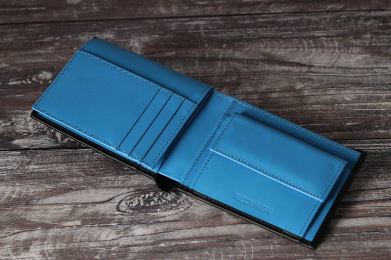 Personalised Engraved Black & Blue Bifold Leather Wallet With Coin Pocket & Card Holders