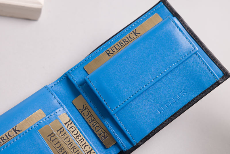 Personalised Black & Blue Leather Wallet – Bifold with Coin Pocket & Extra Card Slots