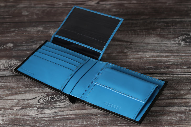 Personalised Engraved Black & Blue Bifold Leather Wallet With Coin Pocket & Card Holders