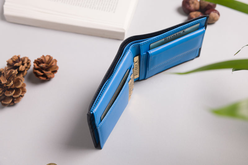 "Genuine leather wallet with card, note, and coin storage"
